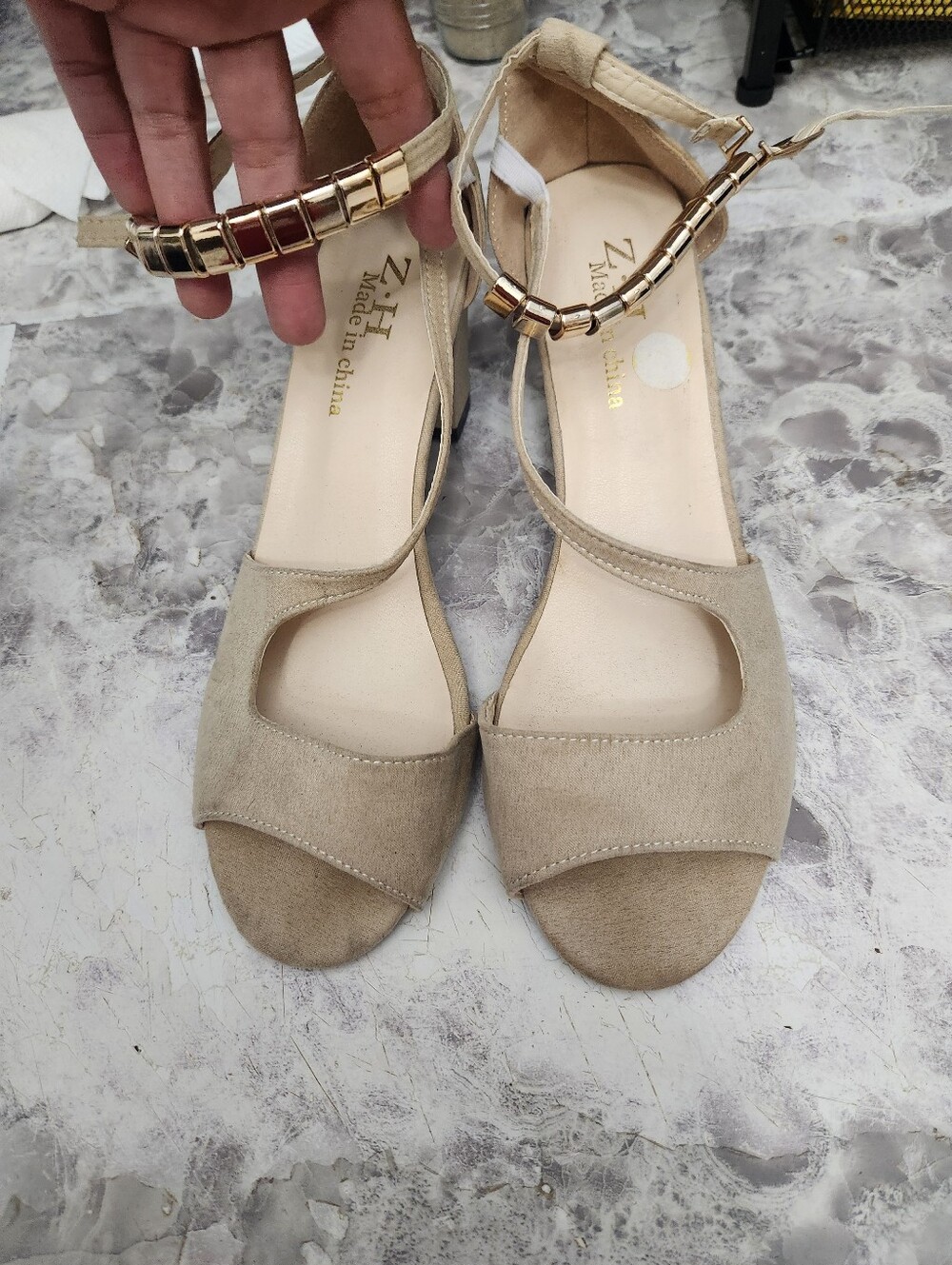 Beige Suede Open-Toe Women's Heeled  Sandals with Ankle Strap